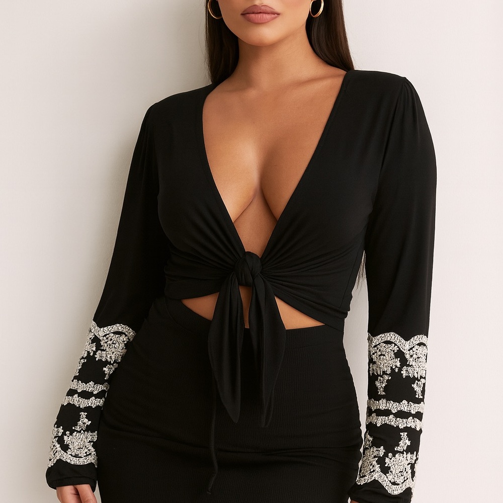 Blue Rain Black Tie-Front Blouse with Embellished Sleeves
